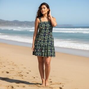 Aguabendita For Target Womens Large Blue Floral Mini Dress‎ With Pockets Ruffle